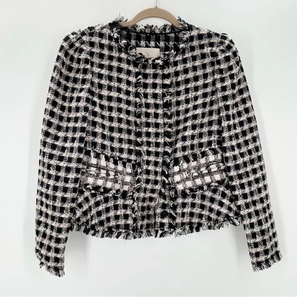 Rebecca Taylor Black and White Tweed Fringe Blazer Sz 6 - Picture 4 of 12
